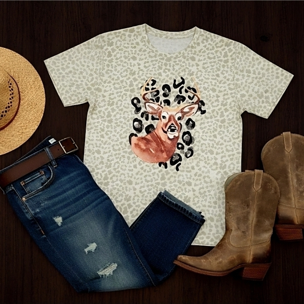 Watercolor Deer Head Leopard Print Tee • Western Wildlife Graphic Shirt • Boho
